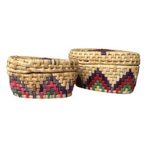 Two piece colorful raffia woven nesting basket container set with lids